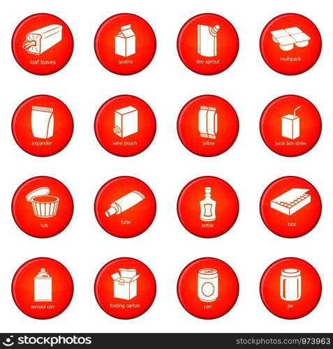 Package types icons set vector red circle isolated on white background . Package types icons set red vector