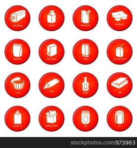 Package types icons set vector red circle isolated on white background . Package types icons set red vector