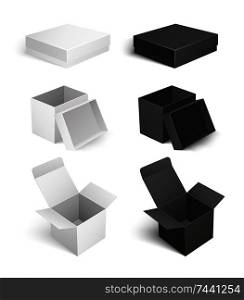 Package with caps empty containers isolated icons set vector. Square shaped carton boxes for products keeping and storage. Compact products shipping. Package with Caps Empty Containers Set Vector
