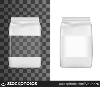 Package with window for groats, grain cereal or pasta, realistic plastic bag package, vector doypack mockup. Dry food, grain groats package bag of transparent window for sugar, muesli, oatmeal or rice. Package with window for groats grain cereal, pasta