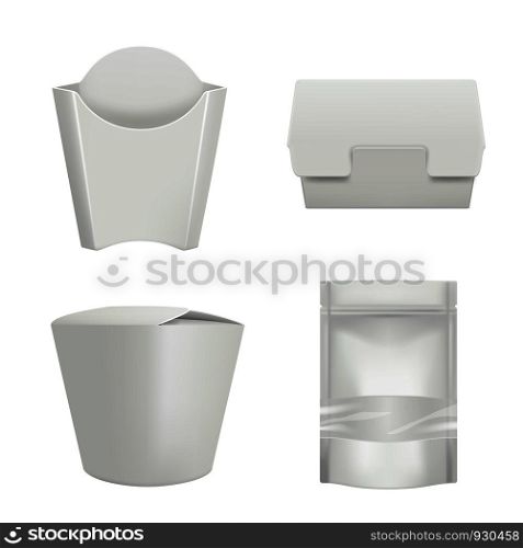 Packages for food. Plastic containers for delivery coffee cup hamburger or sandwich bag cardboard box vector mockup realistic. Container bag for food, paper package illustration. Packages for food. Plastic containers for delivery coffee cup hamburger or sandwich bag cardboard box vector mockup realistic