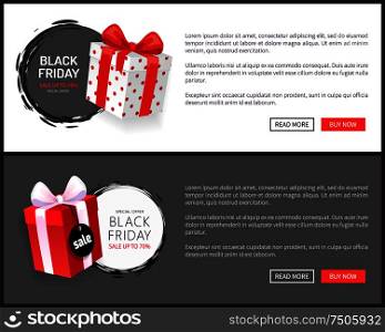 Packages, special advert on Black Friday, wrapped gift boxes with price tags, November autumn total sale advertisements vector. Present surprises, shopping. Packages, Special Adverts on Black Friday, Gifts