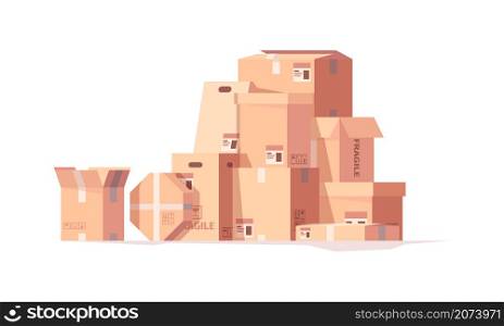 Packages stack. Delivery cardboard boxes cargo containers hills piles garish vector set. Illustration shipping box, cardboard stack, package parcel. Packages stack. Delivery cardboard boxes cargo containers hills piles garish vector set