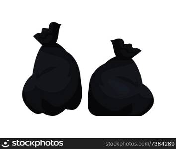 Packages with garbage vector illustration of big black plastic bags with wastes isolated on white background. Packs full of rubbish, packets and litter. Packages with Garbage Vector Illustration Big Bags
