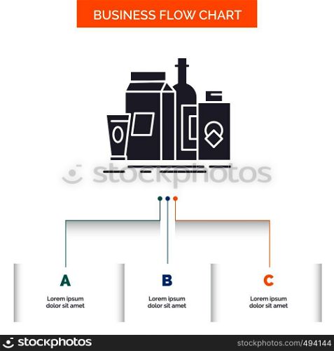 packaging, Branding, marketing, product, bottle Business Flow Chart Design with 3 Steps. Glyph Icon For Presentation Background Template Place for text.. Vector EPS10 Abstract Template background