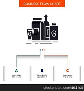 packaging, Branding, marketing, product, bottle Business Flow Chart Design with 3 Steps. Glyph Icon For Presentation Background Template Place for text.. Vector EPS10 Abstract Template background