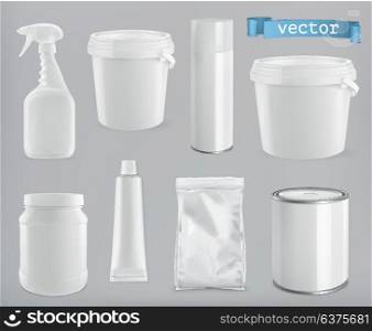 Packaging building and sanitary. White plastic, metal and paper pack. 3d realism, vector mockup set