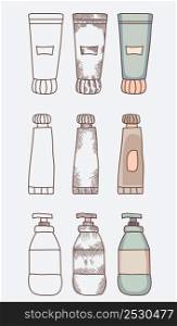Packaging. Care items Cosmetics, bottles. Various design options - outline, shading, outline and color. Vector illustration