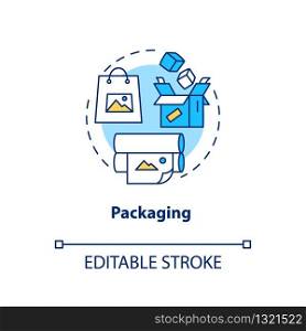 Packaging design studio concept icon. Gift wrap idea thin line illustration. Wrapping paper manufacture, bag and cardboard box making. Vector isolated outline RGB color drawing. Editable stroke