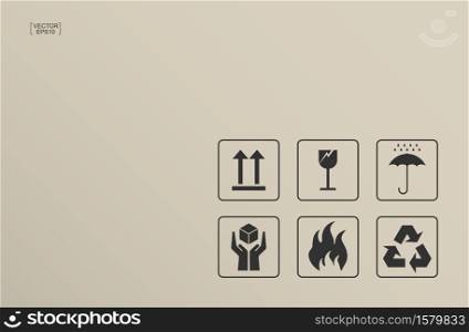 Packaging icon set of fragile care sign and symbol on brown cardboard background. Vector illustration.