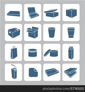 Packaging icons set with plastic and carton delivery boxes containers and cups isolated vector illustration