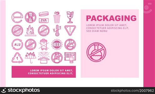 Packaging Industrial Marking Landing Web Page Header Banner Template Vector Fragile And Protect From Heat, Flammable And Water Care Mark For Packaging, Iso Standard And Hazardous Product Illustration. Packaging Industrial Marking Landing Header Vector
