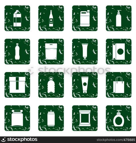 Packaging items icons set in grunge style green isolated vector illustration. Packaging items icons set grunge