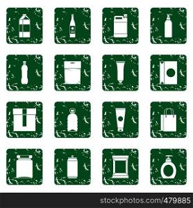 Packaging items icons set in grunge style green isolated vector illustration. Packaging items icons set grunge