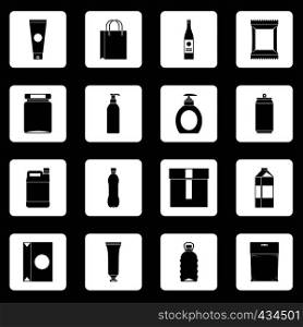 Packaging items icons set in white squares on black background simple style vector illustration. Packaging items icons set squares vector