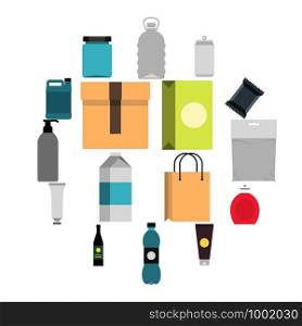 Packaging items set icons in flat style isolated on white background. Packaging items set flat icons
