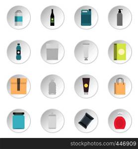 Packaging items set icons in flat style isolated on white background. Packaging items set flat icons