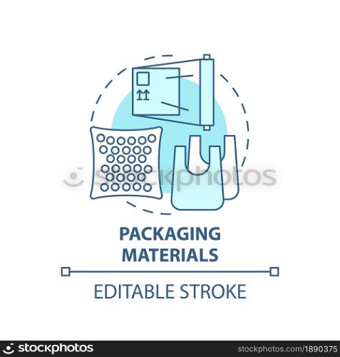 Packaging materials blue concept icon. Waste management abstract idea thin line illustration. Plastic packet recycling. Pack material reprocess. Vector isolated outline color drawing. Editable stroke. Packaging materials blue concept icon