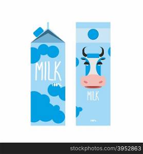 Packaging of milk. Template design Package with blue cow milk. Vector illustration&#xA;