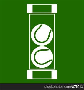 Packaging of tennis balls icon white isolated on green background. Vector illustration. Packaging of tennis balls icon green