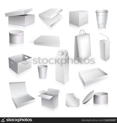 Packaging set with paper cup carton containers and boxes blank isolated vector illustration