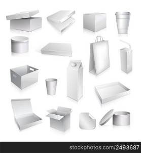 Packaging set with paper cup carton containers and boxes blank isolated vector illustration