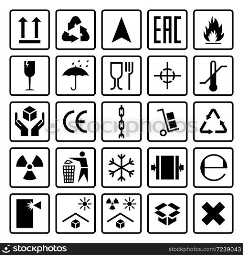 Packaging symbols. Shipping cargo signs fragile, frozen flammable, this side up, handle with care, icons use on package carton box, sticker vector set. Packaging symbols. Shipping cargo signs fragile, flammable, this side up, handle with care icons use on package carton box, vector set