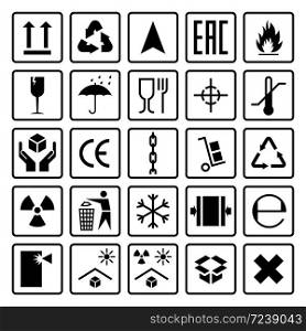 Packaging symbols. Shipping cargo signs fragile, frozen flammable, this side up, handle with care, icons use on package carton box, sticker vector set. Packaging symbols. Shipping cargo signs fragile, flammable, this side up, handle with care icons use on package carton box, vector set