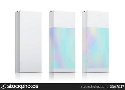Packaging template vector set with holographic effect. Realistic box packing isolated on white background. Illustration box block gradient, package template with hologram. Packaging template vector set with holographic effect. Realistic box packing isolated on white background