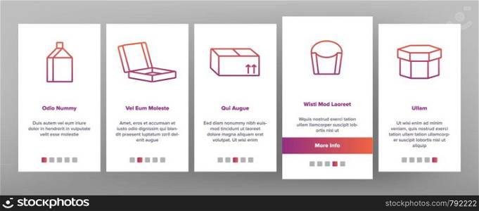 Packaging Types Vector Onboarding Mobile App Page Screen. Packaging Boxes, Shopping Bags. Cardboard, Paper, Recyclable Containers Linear Pictograms. Pizza, Fast Food, Takeaway Packaging Illustrations. Packaging Types Vector Color Onboarding