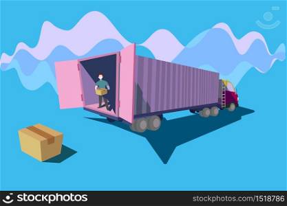 Packaging was delivery by truck.The illustration of truck and delivery man on blue background.