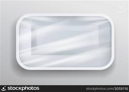 Packaging white foam tray wrapped in plastic realistic, template design on gray background, Eps 10 vector illustration