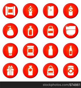 Packagiong store shop icons set vector red circle isolated on white background . Packagiong store shop icons set red vector