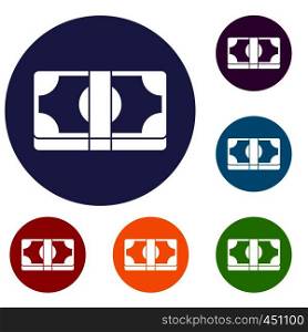 Packed dollars money icons set in flat circle reb, blue and green color for web. Packed dollars money icons set