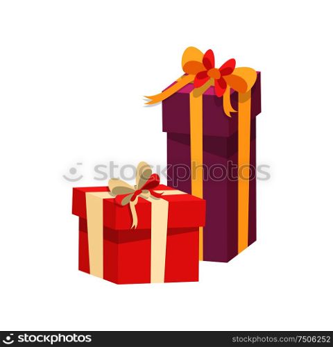 Packed presents with decorative ribbon and topped by bow, surprise on New Year, birthday or anniversary, vector sign. Gift boxes icons isolated on white. Packed Presents with Decorative Ribbon and Bow