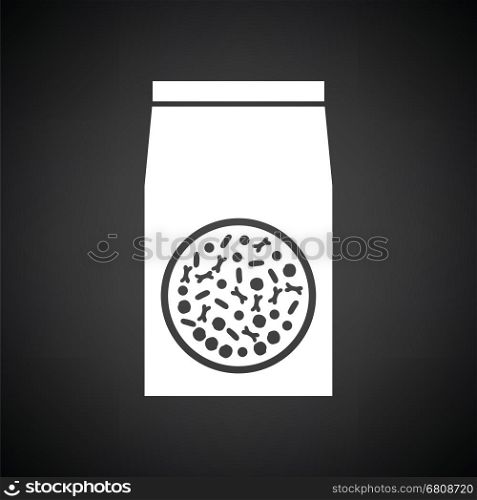 Packet of dog food icon. Black background with white. Vector illustration.