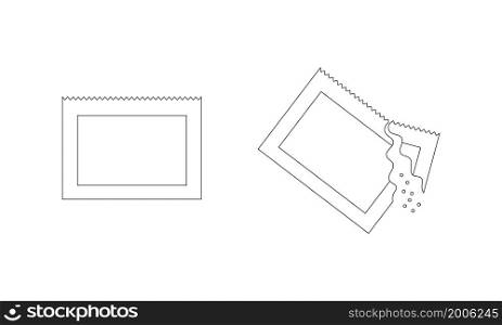Packets with soluble culinary or medicine powder whole and poured. Outline sachets with sugar, salt or pepper. Editable stroke. Thin line icons. Vector linear illustration. . Packets with soluble culinary or medicine powder whole and poured. Outline sachets with sugar, salt or pepper. Editable stroke. Thin line icons. Vector linear illustration