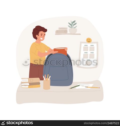 Packing a backpack isolated cartoon vector illustration. Kid packing school backpack, child puts books and textbooks in a schoolbag, family daily routine, get ready for the day vector cartoon.. Packing a backpack isolated cartoon vector illustration.