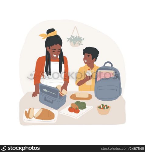 Packing a lunch box isolated cartoon vector illustration. Family daily routine, mom packing food in lunch box for kid, tasty meal, preparing a healthy snack for school children vector cartoon.. Packing a lunch box isolated cartoon vector illustration.