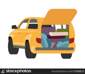 Packing car for camping semi flat color vector object. Full sized item on white. Preparation for outdoor adventure isolated modern cartoon style illustration for graphic design and animation. Packing car for camping semi flat color vector object