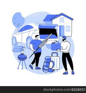 Packing for the trip isolated cartoon vector illustrations. Group of friends pack bags and barbeque grill machine for road trip, people lifestyle, travel preparation vector cartoon.. Packing for the trip isolated cartoon vector illustrations.