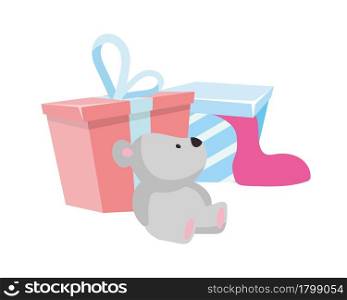 Packing gifts for child birthday flat concept vector illustration. Packaging boxes isolated 2D cartoon object on white for web design. Birthday surprise. Wrapping christmas presents creative idea. Packing gifts for child birthday flat concept vector illustration