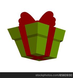 Packing green present icon with red bow in flat style. Box log of delivery company proposing package service, transportation of parcels, deliver gift containers, receiving packs, logistic send vector. Packing Present Icon with Red Bow in Flat Style.