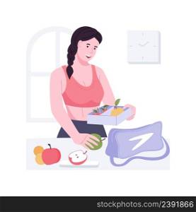 Packing healthy lunchbox isolated cartoon vector illustrations. Sporty girl packing lunchbox with healthy food in the kitchen, balanced diet, good nutrition, people lifestyle vector cartoon.. Packing healthy lunchbox isolated cartoon vector illustrations.