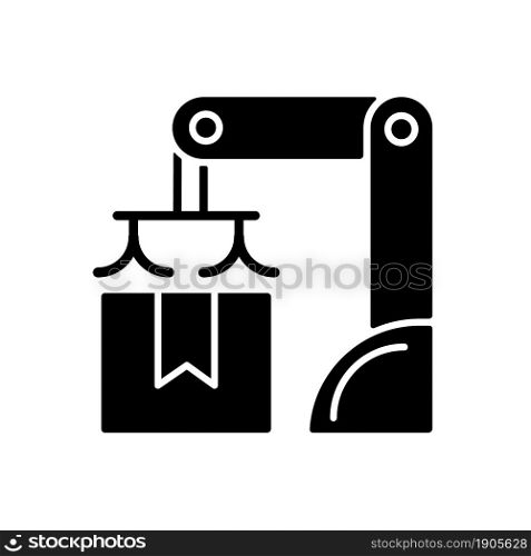Packing robot black glyph icon. Robotic packaging. Material handling. Automated solution. Picking, placing items. Unpacking application. Silhouette symbol on white space. Vector isolated illustration. Packing robot black glyph icon