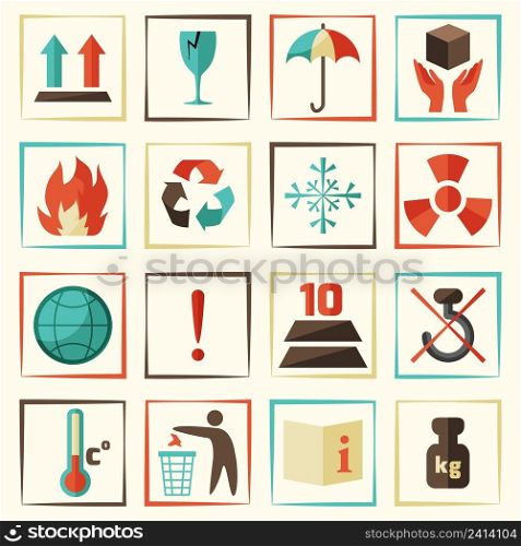 Packing symbols delivery and shipping protect icons set isolated vector illustration