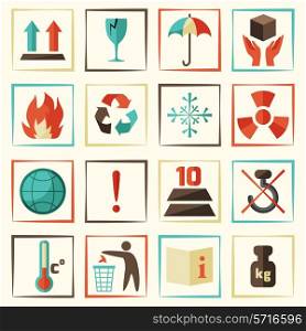 Packing symbols delivery and shipping protect icons set isolated vector illustration