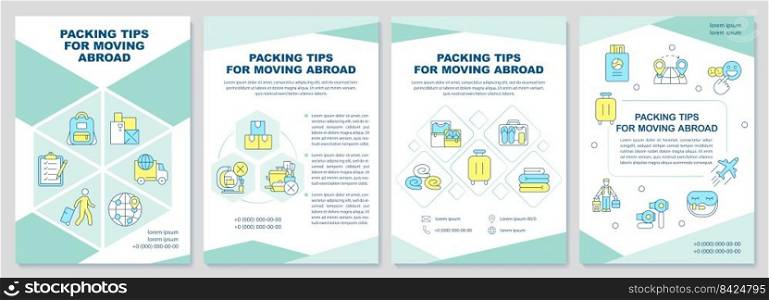 Packing tips for moving abroad mint brochure template. Baggage. Leaflet design with linear icons. Editable 4 vector layouts for presentation, annual reports. Arial-Black, Myriad Pro-Regular fonts used. Packing tips for moving abroad mint brochure template