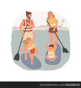 Padd≤board isolated cartoon vector illustration. Family padd≤boarding on a lake,∑mer vacation activity,χldren and parents standing on a padd≤board, wearing lifejacket vector cartoon.. Padd≤board isolated cartoon vector illustration.