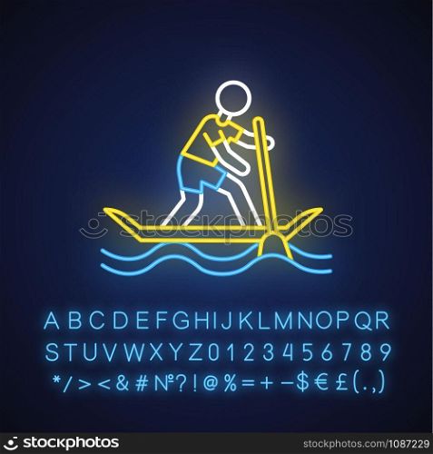 Paddle surfing neon light icon. Sup boarding watersport, extreme underwater kind of sport. Recreational outdoor activity. Glowing sign with alphabet, numbers and symbols. Vector isolated illustration